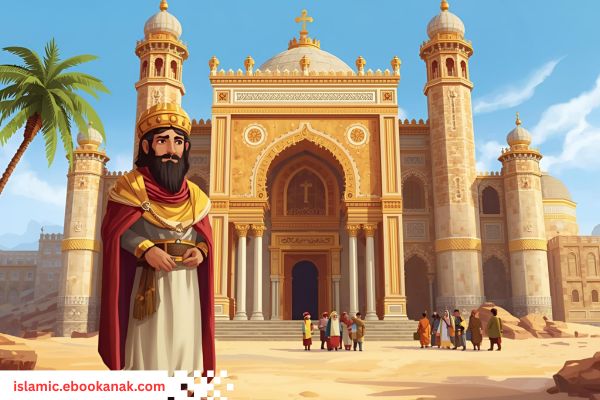 Illustration of Abrahah in Yemen standing before the grand Al-Qullays church, built with marble, gold, and carvings, aiming to replace the Kaaba as the center of worship in Arabia.