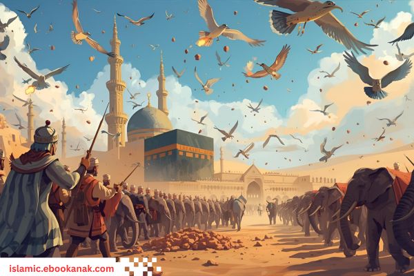 Illustration of the Ababil birds dropping fiery stones from Sijjil onto Abrahah’s elephant army near the Ka’bah, depicting the miraculous protection of Makkah by Allah.