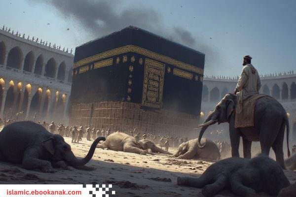 Illustration of Abrahah’s defeated elephant army struck by divine punishment after the Ababil birds’ attack, with the Kaaba safe in the distance.