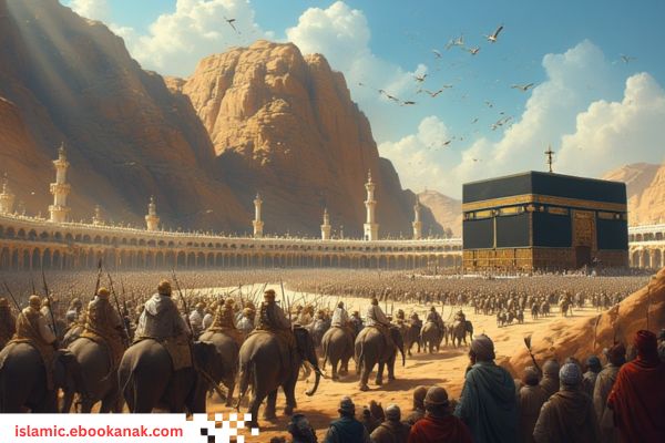 Illustration of the Year of the Elephant in 570 CE, when Abrahah’s army of elephants marched toward the Kaaba but Allah protected the sacred house.