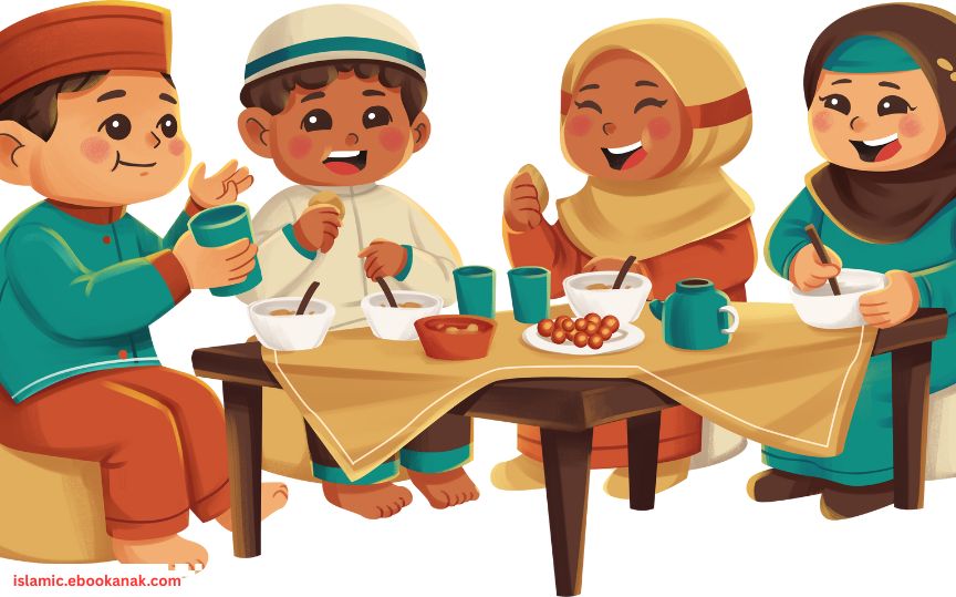 Muslim kids learning Islamic eating and drinking etiquette according to Sunnah with family at dining table, child-friendly Islamic illustration